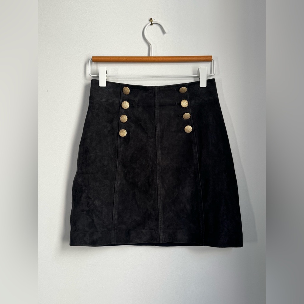 INTERMIX grey Suede A-Line Mini Skirt with Gold Buttons
